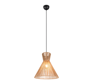 Een moderne hanglamp met een zwart snoer en een conische kap van geweven rotan, wat een warm, gloeiend effect creëert. De lamp hangt aan een zwarte plafondbevestiging.