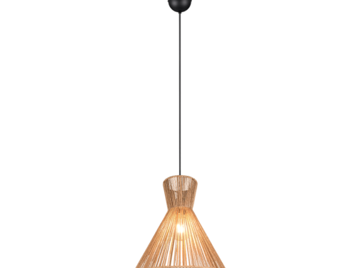 Een moderne hanglamp met een zwart snoer en een conische kap van geweven rotan, wat een warm, gloeiend effect creëert. De lamp hangt aan een zwarte plafondbevestiging.