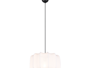 Een moderne hanglamp met een zwarte plafondbevestiging en een witte, gebeeldhouwde lampenkap met een gloeiende gloeilamp erin. De lampenkap heeft een zachte, ronde vorm die het licht zachtjes verspreidt, hangend aan een slank zwart snoer.
