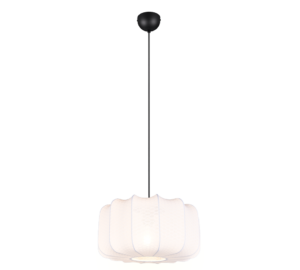 Een moderne hanglamp met een zwarte plafondbevestiging en een witte, gebeeldhouwde lampenkap met een gloeiende gloeilamp erin. De lampenkap heeft een zachte, ronde vorm die het licht zachtjes verspreidt, hangend aan een slank zwart snoer.