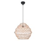Hangende hanglamp in rieten stijl met een geweven patroon, met een enkele lamp zichtbaar in het midden. Het heeft een zwart snoer en plafondbevestiging.
