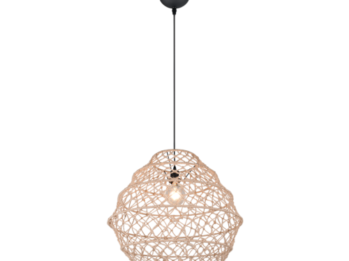 Hangende hanglamp in rieten stijl met een geweven patroon, met een enkele lamp zichtbaar in het midden. Het heeft een zwart snoer en plafondbevestiging.