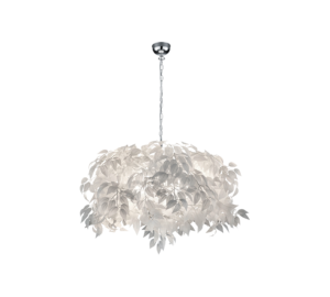 Een hangende kroonluchter met een chromen ketting, versierd met talrijke delicate, witte, bladvormige elementen.