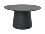 Een strakke, moderne zwarte tafel met een rond, plat tafelblad en een brede, kegelvormige voet.