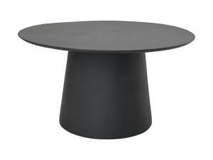 Een strakke, moderne zwarte tafel met een rond, plat tafelblad en een brede, kegelvormige voet.
