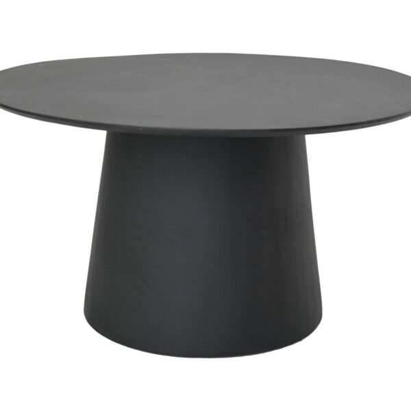Een strakke, moderne zwarte tafel met een rond, plat tafelblad en een brede, kegelvormige voet.