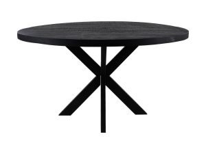 Een ronde zwarte tafel met een gestructureerd oppervlak en een modern design. Het heeft een centrale X-vormige steunbasis.