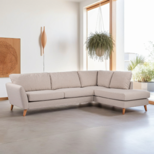 Een moderne woonkamer met een lichtbeige L-vormige bank met houten poten. Een hangende plant en ingelijste kunstwerken sieren de ruimte, terwijl grote ramen natuurlijk licht binnenlaten.