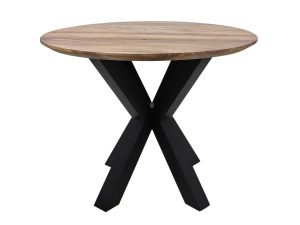 Ronde houten tafel met een lichtbruin blad en zwarte X-vormige metalen poten. Het ontwerp is eenvoudig en modern, wat een strakke, minimalistische esthetiek creëert.