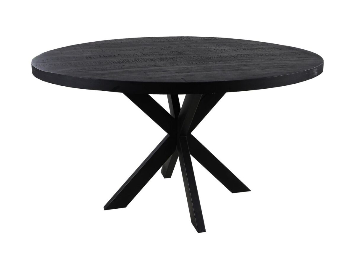 Een ronde zwarte houten tafel met een glad oppervlak en een opvallend kruislings pootontwerp aan de basis. De tafel heeft een moderne en minimalistische esthetiek.