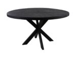 Een ronde zwarte houten tafel met een glad oppervlak en een opvallend kruislings pootontwerp aan de basis. De tafel heeft een moderne en minimalistische esthetiek.