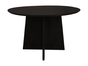 Een moderne zwarte ronde tafel met een glad oppervlak en een driehoekige voet. De tafel heeft een minimalistisch design, geschikt voor hedendaagse interieurs.