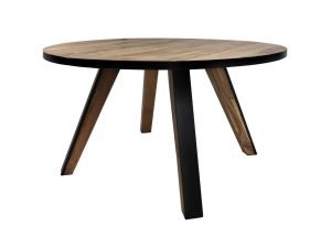 Een ronde houten tafel met een glad oppervlak en zwarte randen. Het heeft vier schuine zwarte poten, wat zorgt voor een moderne en stevige uitstraling. De houtnerf is zichtbaar, wat een natuurlijke toets aan het ontwerp toevoegt.