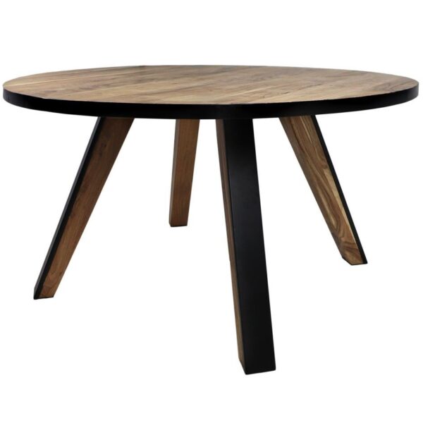 Een ronde houten tafel met een glad oppervlak en zwarte randen. Het heeft vier schuine zwarte poten, wat zorgt voor een moderne en stevige uitstraling. De houtnerf is zichtbaar, wat een natuurlijke toets aan het ontwerp toevoegt.