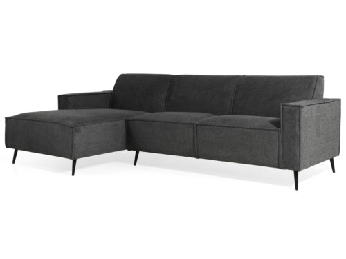 Een moderne, donkergrijze sectionele bank met een chaise longue aan de linkerkant en strakke zwarte poten. Het ontwerp is minimalistisch met strakke lijnen, wat zorgt voor een eigentijdse en comfortabele zitoptie.