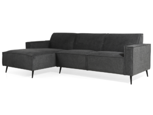 Een moderne, donkergrijze sectionele bank met een chaise longue aan de linkerkant en strakke zwarte poten. Het ontwerp is minimalistisch met strakke lijnen, wat zorgt voor een eigentijdse en comfortabele zitoptie.
