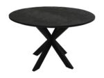 Een moderne zwarte ronde tafel met een plat oppervlak en gekruiste poten. Het heeft een strakke, minimalistische uitstraling, geschikt voor hedendaagse ruimtes. De gekruiste poten zorgen voor een uniek architectonisch element.