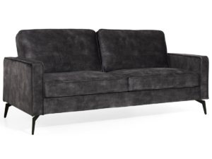 Een strakke, moderne donkergrijze bank met strakke lijnen en dunne zwarte poten. De bank heeft twee grote, gewatteerde rugleuningen en is bekleed met een zachte stof, wat een minimalistisch design met een verfijnde look biedt.
