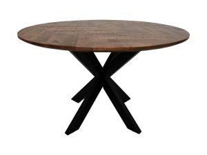Een ronde houten tafel met een glad, donkerhouten blad en een modern, zwart kruispootonderstel. Het ontwerp is eenvoudig en elegant, geschikt voor een eigentijdse eet- of woonkamer.