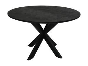 Een donkere, ronde houten tafel met een glad oppervlak en een unieke X-vormige basis, met strakke lijnen en een modern design. De diepe kleur van de tafel geeft hem een strak en eigentijds uiterlijk.