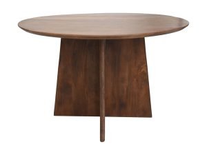 Een ronde houten tafel met een glad oppervlak en een donkere, rijke afwerking heeft een stevige, geometrische voetstukbasis. Het strakke en moderne ontwerp van de tafel geeft het een elegante uitstraling die geschikt is voor verschillende omgevingen.
