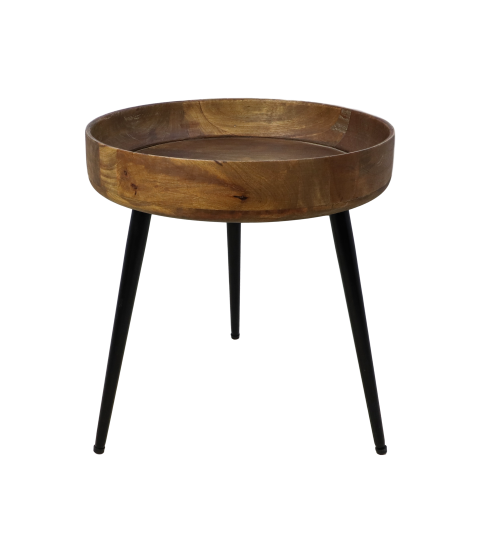 Ronde houten tafel met opstaande rand, voorzien van drie zwarte metalen poten.