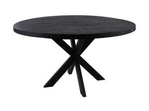 Een ronde zwarte houten tafel met een glad oppervlak en een modern design. Het heeft een unieke X-vormige voet, die stevige ondersteuning biedt en een stijlvolle look, geschikt voor moderne eetruimtes.