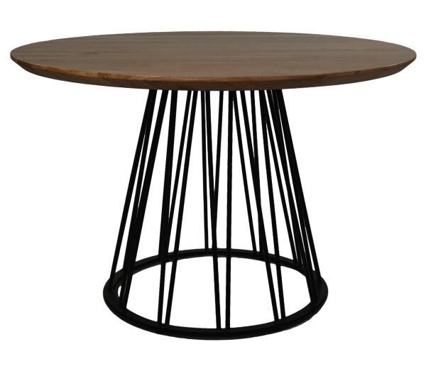 Een ronde houten tafel met een donkerbruin blad. De basis bestaat uit meerdere zwarte, slanke metalen staven die lichtjes uitwaaieren vanaf een ronde basis, waardoor een modern, open ontwerp ontstaat.