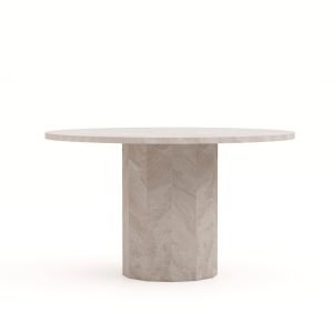 Een ronde marmeren tafel met een cilindrische basis, met een gepolijst oppervlak en een lichte, crèmekleurige kleur. De tafel staat op een effen witte achtergrond.