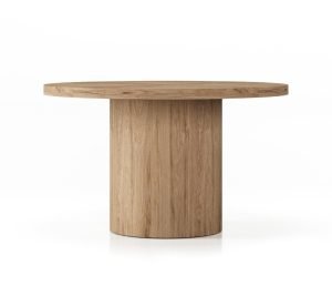 Een ronde houten tafel met een dikke cilindrische basis en een glad bovenblad, met een natuurlijke houtnerfstructuur. De tafel staat op een effen witte achtergrond.