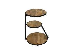 Drielaags ronde houten plank met zwart metalen frame. Elke laag varieert in grootte, met de grootste onderaan en de kleinste bovenaan. De planken hebben een natuurlijke houten afwerking en het frame is minimalistisch en geometrisch.