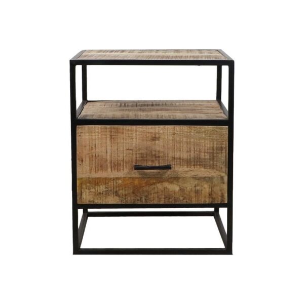 Een rustieke houten bijzettafel met een zwart metalen frame. Het heeft een rechthoekig bovenblad en één lade met een zwarte handgreep. Het hout heeft een natuurlijke afwerking, waardoor de nerf zichtbaar is.
