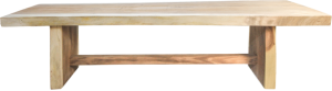 Een houten tafel met een natuurlijke afwerking, met een rechthoekig blad en stevige, dikke poten. Het ontwerp van de tafel is eenvoudig en rustiek, waarbij de houtnerf en textuur worden benadrukt.