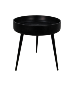 Een kleine, ronde zwarte tafel met een dienbladachtig blad en drie slanke poten. De tafel heeft een minimalistisch ontwerp, wat zorgt voor een moderne en strakke uitstraling.