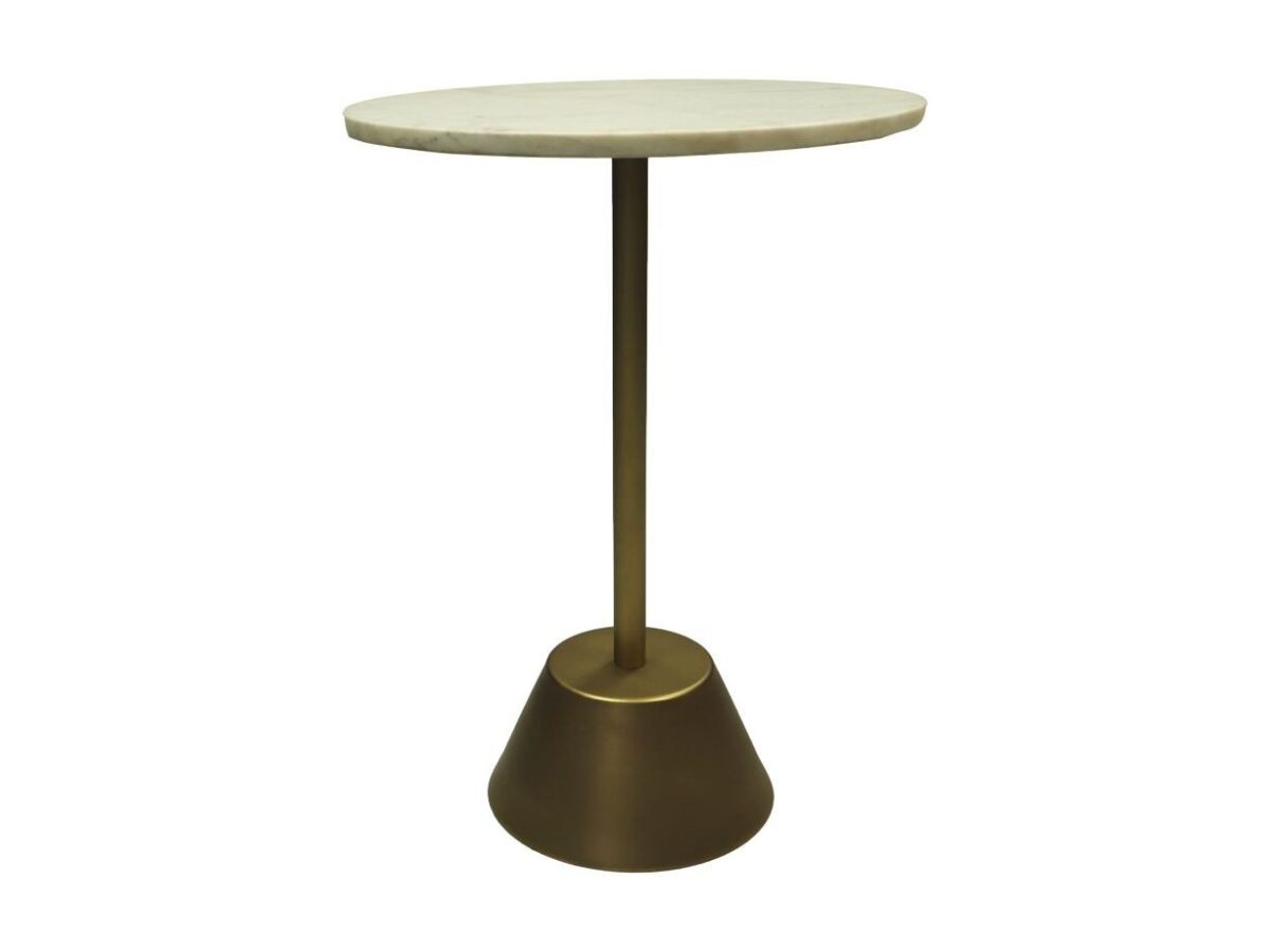 Een kleine ronde bijzettafel met een wit marmeren blad en een enkele metalen poot. De poot is verbonden met een brede, kegelvormige metalen basis, waardoor de tafel een strakke en moderne uitstraling krijgt.