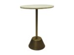 Een kleine ronde bijzettafel met een wit marmeren blad en een enkele metalen poot. De poot is verbonden met een brede, kegelvormige metalen basis, waardoor de tafel een strakke en moderne uitstraling krijgt.