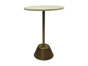 Een kleine ronde bijzettafel met een wit marmeren blad en een enkele metalen poot. De poot is verbonden met een brede, kegelvormige metalen basis, waardoor de tafel een strakke en moderne uitstraling krijgt.