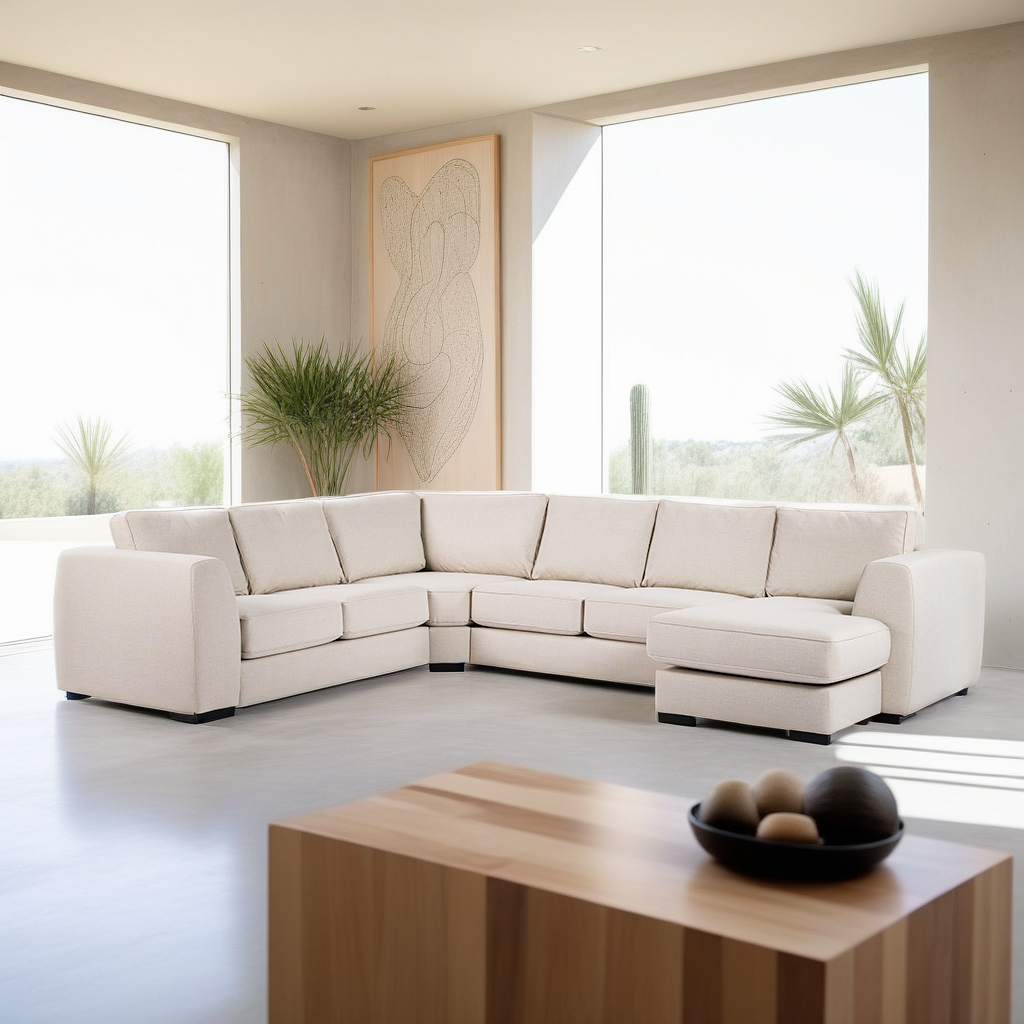Een moderne woonkamer met een grote beige L-vormige bank bij twee hoge ramen. Er staat een houten salontafel met decoratieve kommen op de voorgrond. Minimalistische kunst en hoge potplanten dragen bij aan de lichte en luchtige ambiance.