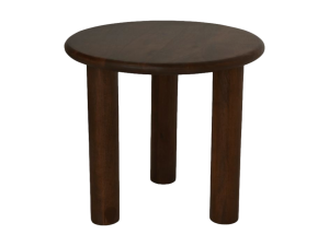 Een ronde kruk van hout met een donkere afwerking, met een plat, rond bovenblad en drie stevige cilindervormige poten.