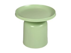 Een kleine, moderne bijzettafel met een lichtgroene afwerking. De tafel heeft een rond, plat blad en een cilindrische basis, wat zorgt voor een strak en minimalistisch design.