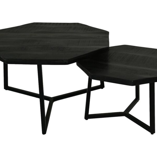 Twee geneste zwarte achthoekige tafels met dunne metalen poten, een grotere en een kleinere. Het ontwerp is minimalistisch en modern, met een focus op geometrische vormen.