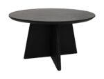 Een strakke, moderne zwarte salontafel met een rond blad en een uniek, driehoekig onderstel, wat zorgt voor een eigentijdse uitstraling.