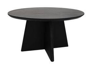 Een strakke, moderne zwarte salontafel met een rond blad en een uniek, driehoekig onderstel, wat zorgt voor een eigentijdse uitstraling.
