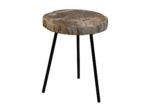 Een kleine, ronde houten tafel met een rustiek, natuurlijk houten blad en drie zwarte metalen poten, staand op een witte achtergrond.