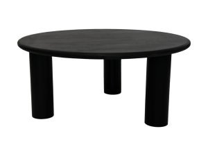 Een minimalistische zwarte ronde tafel met een plat blad en drie cilindrische poten. Het ontwerp is eenvoudig en modern, geschikt voor verschillende interieurs.