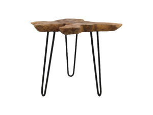 Een rustiek houten bijzettafeltje met een natuurlijk, ongelijk blad en drie zwarte metalen haarspeldpoten, wat een minimalistisch design creëert.