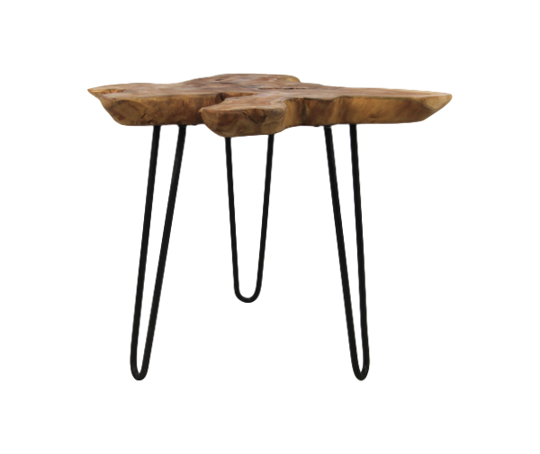 Een rustiek houten bijzettafeltje met een natuurlijk, ongelijk blad en drie zwarte metalen haarspeldpoten, wat een minimalistisch design creëert.