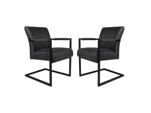 Twee moderne, donkergrijze stoelen met zachte zittingen en rugleuningen, ondersteund door strakke zwarte metalen frames. De stoelen hebben armleuningen en een minimalistisch, cantilever design, tegenover elkaar. Witte achtergrond.