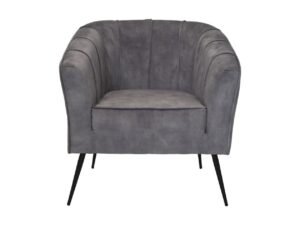 Een grijs gestoffeerde fauteuil met een ronde rugleuning en verticale stiksels, ondersteund door vier slanke zwarte metalen poten. De stoel heeft een modern, minimalistisch design dat geschikt is voor hedendaagse interieurs.