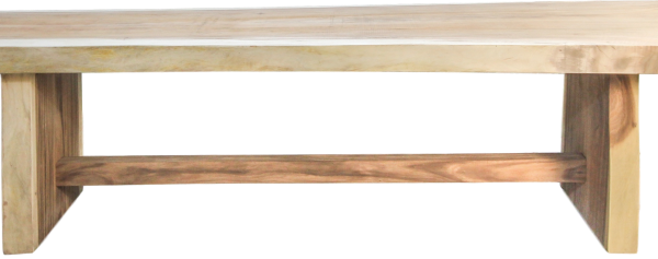 Een houten tafel met een plat rechthoekig blad en twee stevige, rechthoekige poten aan beide kanten, verbonden door een horizontale steunbalk. Het hout heeft een natuurlijke, lichte afwerking, waardoor de nerf zichtbaar is.